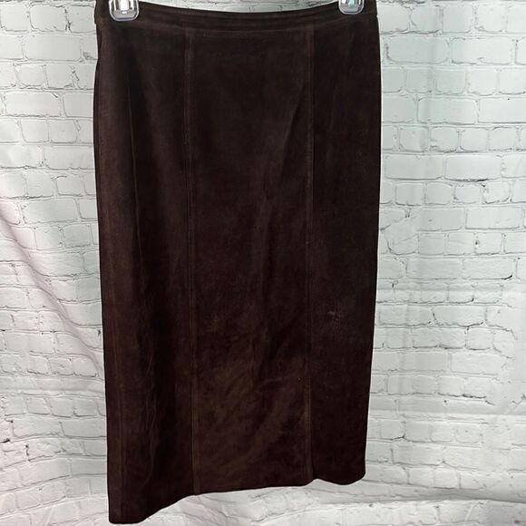 St. John Sport Chocolate Brown Suede leather long pencil skirt, size 8 - Picture 1 of 6